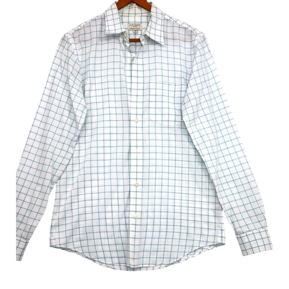 Club Monaco Mens Modern Slim Fit Checkered Dress Shirt White/Blue S Office Work - Picture 1 of 9